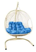 Подвесное кресло ДЛЯ ДВОИХ с ротангом бежевое, голубая подушка, шт