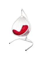 Подвесное кресло КАПЛЯ ЛЮКС с ротангом белое, красная подушка