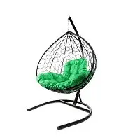 Подвесное кресло XL с ротангом чёрное, зелёная подушка