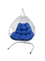 Подвесное кресло ДЛЯ ДВОИХ ЛЮКС с ротангом белое, синяя подушка