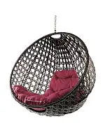 Подвесное кресло КРУГ ЛЮКС с ротангом, коричневый, бордовая подушка (БЕЗ СТОЙКИ)
