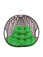 Подвесное кресло ДЛЯ ДВОИХ ЛЮКС, с ротангом, коричневый, зелёная подушка (БЕЗ СТОЙКИ)