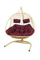 Подвесное кресло Добрыня  с ротангом бежевое,бордовая подушка (Ткань оксфорд)