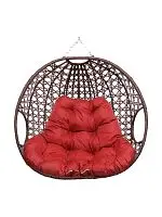 Подвесное кресло ДЛЯ ДВОИХ ЛЮКС, с ротангом, коричневый, красная подушка (БЕЗ СТОЙКИ)