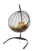 Подвесное кресло КРУГ с ротангом коричневое, бежевая подушка