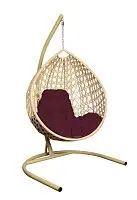 Подвесное кресло КАПЛЯ ЛЮКС с ротангом бежевое, бордовая подушка