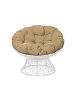 Кресло ПАПАСАН с ротангом белое, бежевая подушка