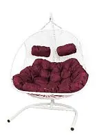Подвесное кресло Добрыня  с ротангом белое ,бордовая подушка (Ткань оксфорд)