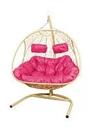 Подвесное кресло Добрыня  с ротангом бежевое,розовая  подушка (Ткань оксфорд)