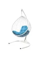 Подвесное кресло КАПЛЯ с ротангом белое, голубая подушка