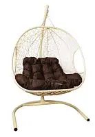 Подвесное кресло ДЛЯ ДВОИХ с ротангом бежевое, коричневая подушка