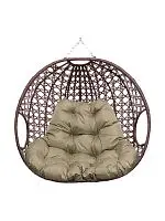 Подвесное кресло ДЛЯ ДВОИХ ЛЮКС, с ротангом, коричневый, бежевая подушка (БЕЗ СТОЙКИ)