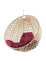 Подвесное кресло КРУГ ЛЮКС с ротангом, бежевое, бордовая подушка (БЕЗ СТОЙКИ)