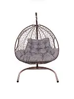 Подвесное кресло ДЛЯ ДВОИХ с ротангом коричневое, подушка Пепел