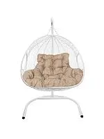 Подвесное кресло ДЛЯ ДВОИХ с ротангом белое, подушка Лен