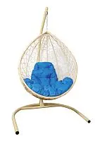 Подвесное кресло КАПЛЯ с ротангом бежевое, голубая подушка
