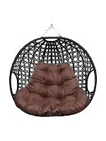 Подвесное кресло ДЛЯ ДВОИХ ЛЮКС, с ротангом, чёрный, коричневая подушка (БЕЗ СТОЙКИ)