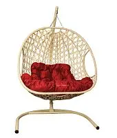 Подвесное кресло ДЛЯ ДВОИХ ЛЮКС с ротангом бежевое, красная подушка