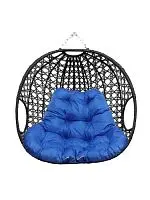 Подвесное кресло ДЛЯ ДВОИХ ЛЮКС, с ротангом, чёрный, синяя подушка (БЕЗ СТОЙКИ)