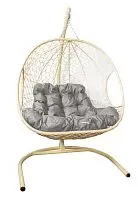 Подвесное кресло ДЛЯ ДВОИХ с ротангом бежевое, серая подушка