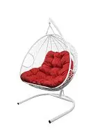 Подвесное кресло ДЛЯ ДВОИХ с ротангом белое, красная подушка