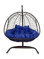 Подвесное кресло Добрыня  с ротангом коричневое, синяя  подушка (Ткань оксфорд)