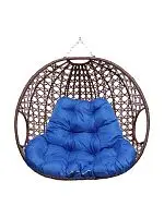 Подвесное кресло ДЛЯ ДВОИХ ЛЮКС, с ротангом, коричневый, синяя подушка (БЕЗ СТОЙКИ)