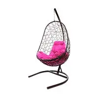 Подвесное кресло ОВАЛ с ротангом коричневое, розовая подушка