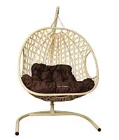 Подвесное кресло ДЛЯ ДВОИХ ЛЮКС с ротангом бежевое, коричневая подушка