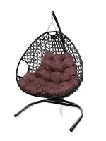 Подвесное кресло ДЛЯ ДВОИХ ЛЮКС с ротангом чёрное, бордовая подушка