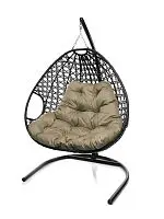 Подвесное кресло ДЛЯ ДВОИХ ЛЮКС с ротангом чёрное, бежевая подушка