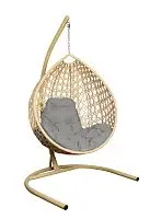 Подвесное кресло КАПЛЯ ЛЮКС с ротангом бежевое, серая подушка