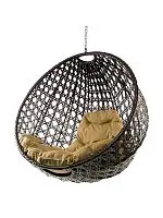 Подвесное кресло КРУГ ЛЮКС с ротангом, коричневый, желтый подушка (БЕЗ СТОЙКИ)