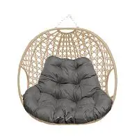 Подвесное кресло ДЛЯ ДВОИХ ЛЮКС, с ротангом, бежевое, серая подушка (БЕЗ СТОЙКИ)
