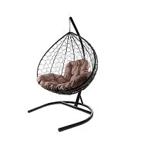 Подвесное кресло XL с ротангом чёрное, коричневая подушка
