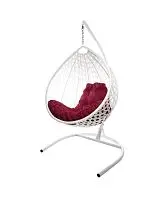 Подвесное кресло КАПЛЯ ЛЮКС с ротангом белое, бордовая подушка