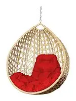 Подвесное кресло КАПЛЯ ЛЮКС с ротангом, бежевое, красная подушка (БЕЗ СТОЙКИ)