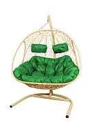 Подвесное кресло Добрыня  с ротангом бежевое,зеленая подушка (Ткань оксфорд)