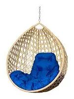 Подвесное кресло КАПЛЯ ЛЮКС с ротангом, бежевое, синяя подушка (БЕЗ СТОЙКИ)