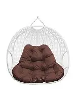 Подвесное кресло ДЛЯ ДВОИХ ЛЮКС, с ротангом, белый, коричневая подушка (БЕЗ СТОЙКИ)