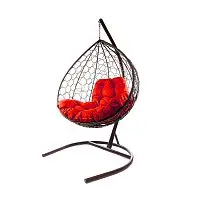 Подвесное кресло XL с ротангом коричневое, красная подушка