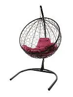 Подвесное кресло КРУГ с ротангом чёрное, бордовая подушка