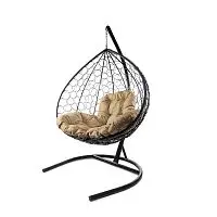 Подвесное кресло XL с ротангом чёрное, бежевая подушка