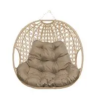 Подвесное кресло ДЛЯ ДВОИХ ЛЮКС, с ротангом, бежевое, бежевая подушка (БЕЗ СТОЙКИ)