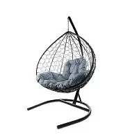 Подвесное кресло XL с ротангом чёрное, серая подушка