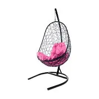 Подвесное кресло ОВАЛ с ротангом чёрное, розовая подушка