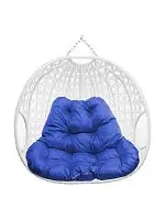 Подвесное кресло ДЛЯ ДВОИХ ЛЮКС, с ротангом, белый, синяя подушка (БЕЗ СТОЙКИ)