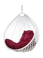Подвесное кресло КАПЛЯ ЛЮКС с ротангом, белый, бордовая подушка (БЕЗ СТОЙКИ)
