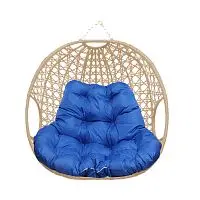 Подвесное кресло ДЛЯ ДВОИХ ЛЮКС, с ротангом, бежевое, синяя подушка (БЕЗ СТОЙКИ)