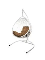 Подвесное кресло КАПЛЯ ЛЮКС с ротангом белое, бежевая подушка